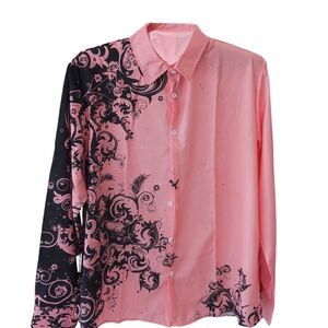Men’s Pink & Black Floral Button-Up Shirt Long Sleeve Graphic Dress Shirt